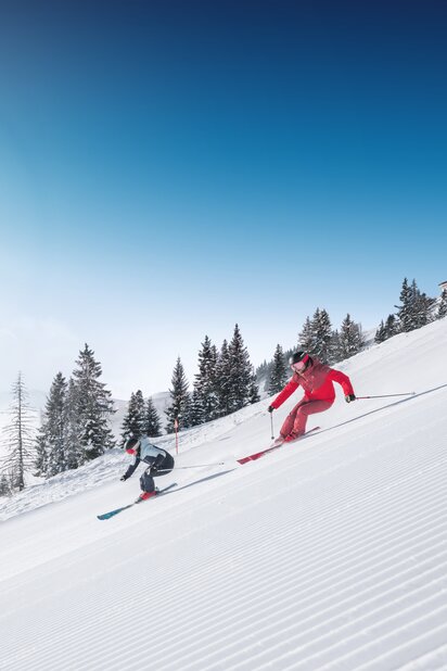 Two skiers ski in parallel on freshly groomed slope with powder snow and sunlight in Ski amadé