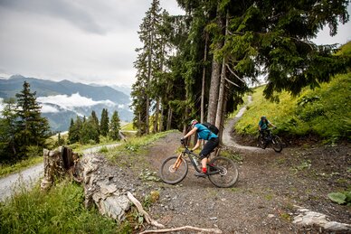 Two mountain bikers on rocky forest trail of bike swing, mountain panorama and clouds in the background | © Erwin Haiden