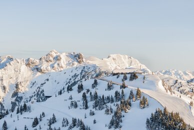 Snowy mountains and forests with groomed slopes, blue sky and afternoon light mood in Dorfgastein. | © Dorfgasteiner Bergbahnen