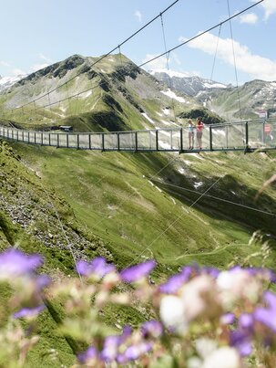 Zwei Personen stehen auf der Hängebrücke am Stubnerkogel, im Vordergrund blühen violette Sommerblumen | © Gasteiner Bergbahnen, Marktl Photography