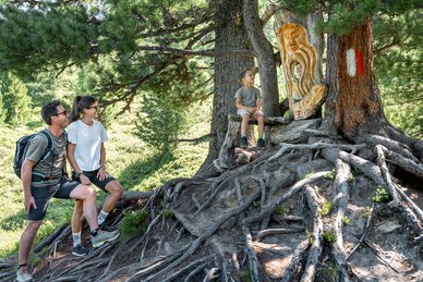 Family at Graukogel by carved pine spirit on a root bench in the forest | © Skigastein, seven frames