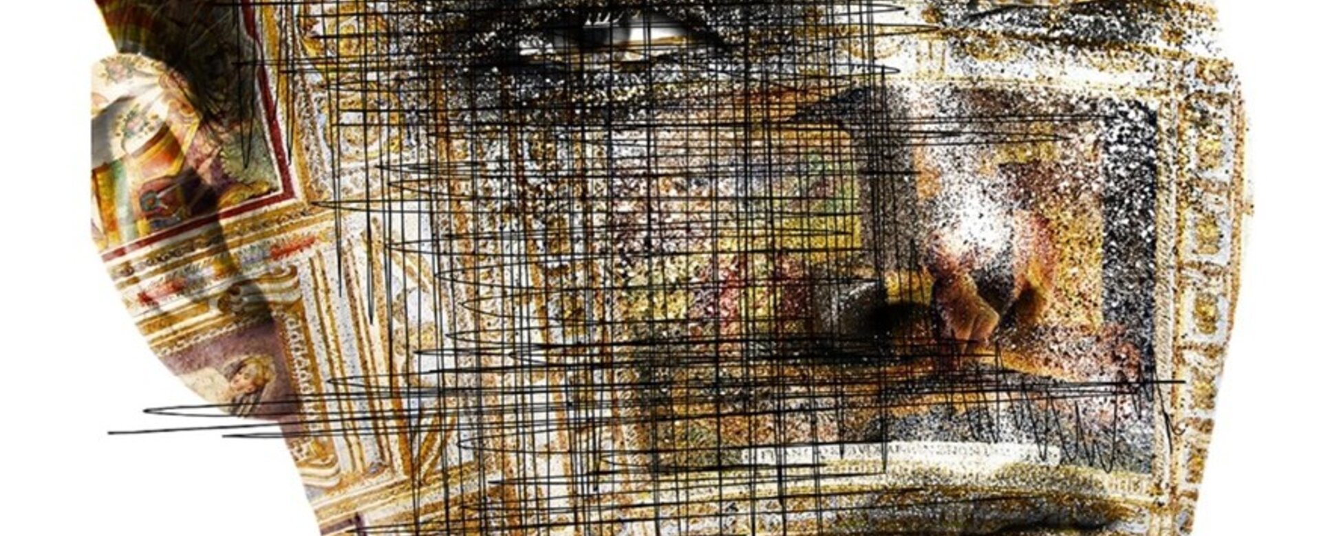 Abstraktes Porträt mit Gesichtszügen, Bergmotiven und grafischen Linien auf Weiß