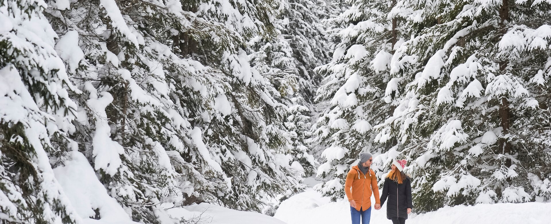 A couple walk along a path of snow between snow-covered trees, holding hands and smiling at each other | © Huber Hans Photos