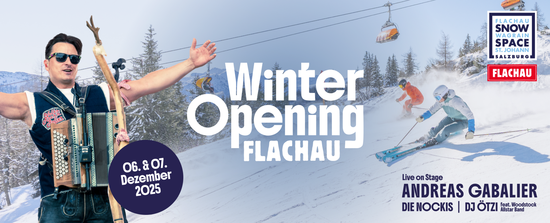 Skifahrer auf Piste, links Andreas Gabalier mit Ziehharmonika, Textinfos zum Event | © Flachau Tourismus