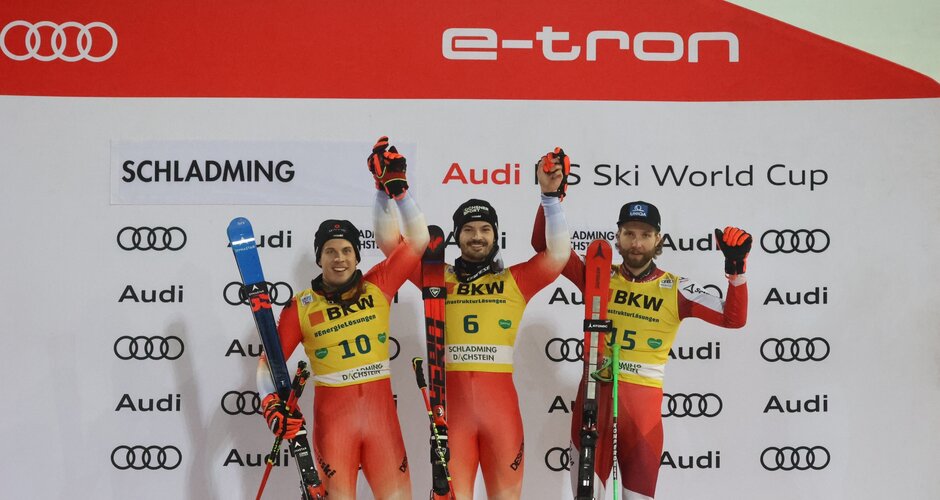 Schweizer Doppelsieg für Lois Meillard und Gino Caviezel und Drittplatzierter ÖSV Star Marco Schwarz | © Daniel Scharinger