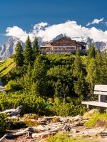 Alpine hut on Hochwurzen with terrace, surrounded by forest, peaks and fresh summer air under a blue sky. | © Christine Höflehner