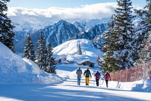 Four hikers walk on a snow-covered winter trail with a view of alpine huts and mountains. | © Gerald Oberreiter