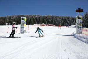 Skier in a blue suit reaches the finish line of the Skimovie racecourse on Planai, while a companion watches. | © Herbert Raffalt