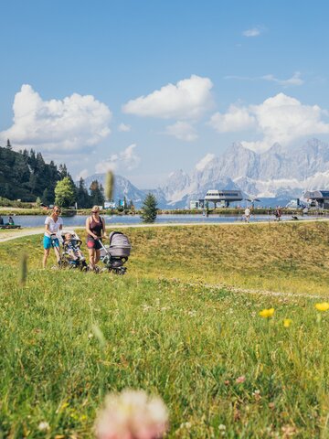 Familien mit Kinderwagen spazieren an einem Bergsee auf der Reiteralm entlang, umgeben von Blumenwiese, Hütten und Bergen. | © Gerald Grünwald
