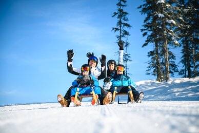 The father and mother each sit on a toboggan with a child in front of them and hold their hands up in joyful anticipation