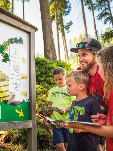 Familie mit drei Kindern steht vor Waldtafel mit Zapfenrätsel, alle halten Quizhefte, lachend und aufmerksam beim Mitraten
