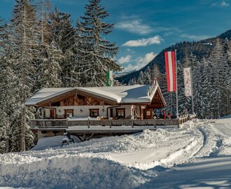 Skihütte neben einer Piste und dahinter sind schneebedeckte Bäume