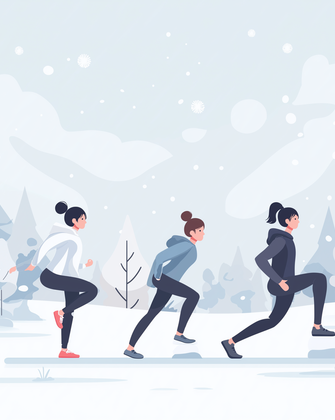 Vektorillustration von drei sich bewegende Frauen in Sportkleidung bei Schnee in einem verschneiten Winterwald