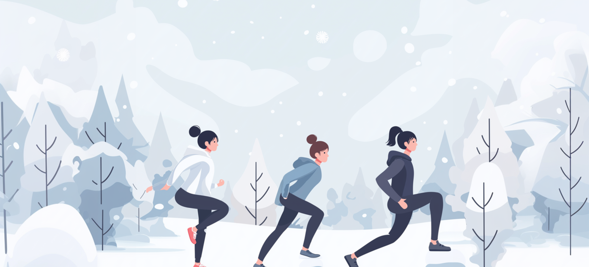 Vektorillustration von drei sich bewegende Frauen in Sportkleidung bei Schnee in einem verschneiten Winterwald