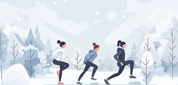 Vektorillustration von drei sich bewegende Frauen in Sportkleidung bei Schnee in einem verschneiten Winterwald