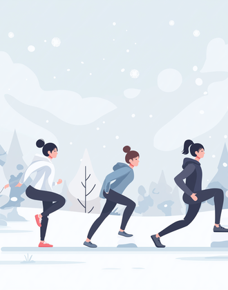 Vektorillustration von drei sich bewegende Frauen in Sportkleidung bei Schnee in einem verschneiten Winterwald