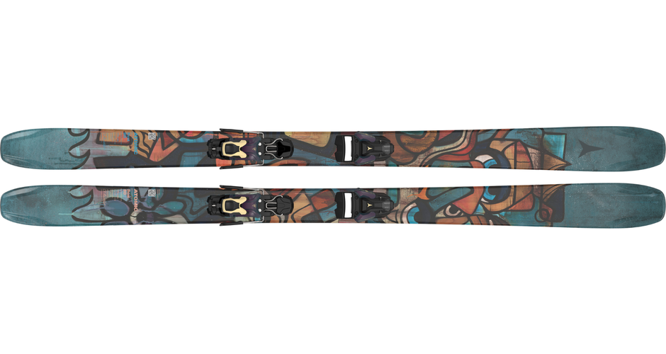Two colourful Atomic Bent 90 freestyle skis with bindings and bold graffiti-style design on white background | © Atomic