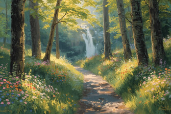 Weg im Wald lichtdurchflutet bunt blumen Wasserfal