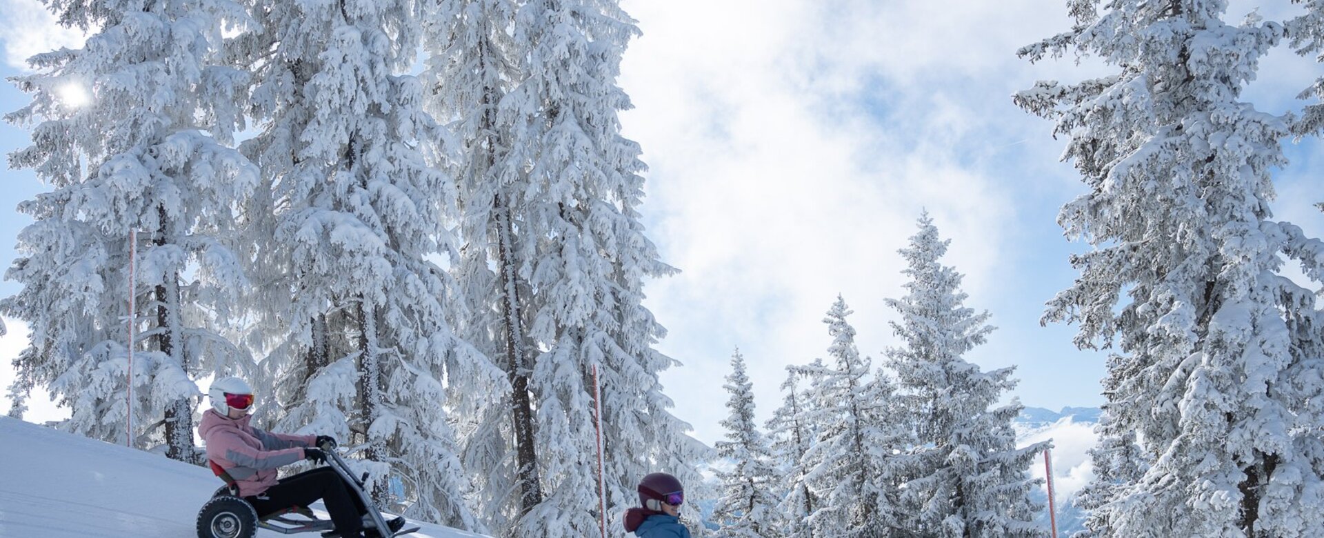 Zwei Personen fahren mit Snowbikes eine verschneite Piste durch winterlichen Nadelwald hinab