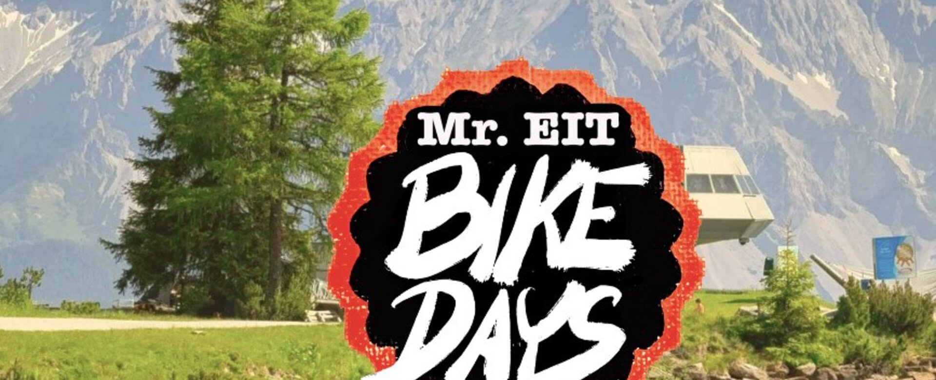 Large bike event logo with mountain view, meadow, trees and modern cable car station | © Reiteralm Bergbahnen