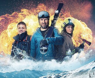 Three people in winter gear with equipment in front of explosion and snowy mountain scenery