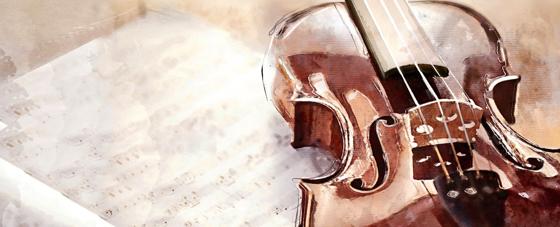 Gezeichnetes Bild zeigt eine Geige, welche auf einem Notenblatt liegt
