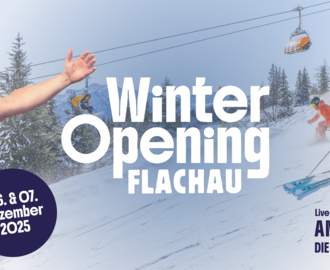 Skifahrer auf Piste, links Andreas Gabalier mit Ziehharmonika, Textinfos zum Event | © Flachau Tourismus