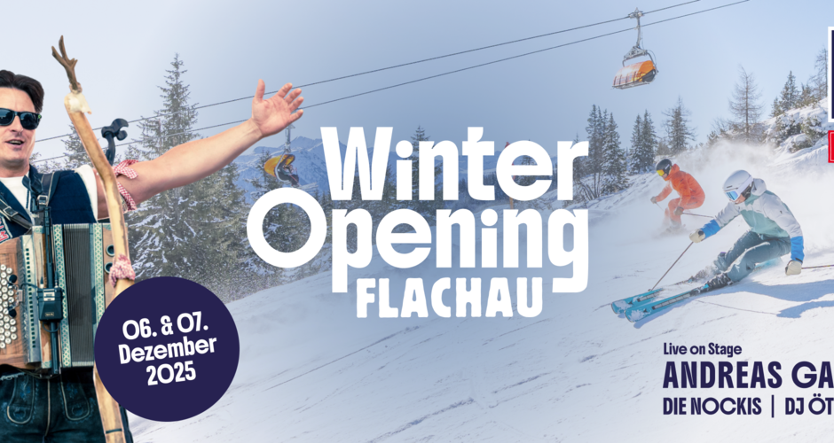Skiers on slope, left Andreas Gabalier with accordion, event info shown on banner | © Flachau Tourismus