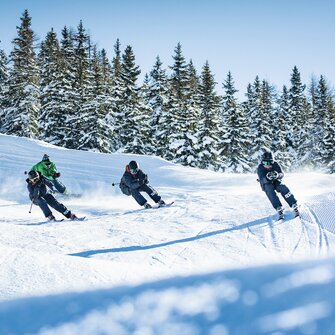 Vier Jugendliche mit Skihelmen fahren schnell und sportlich auf der Funcross-Strecke im Schnee | © Shuttleberg