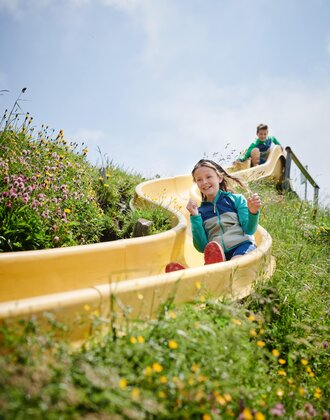 Children joyfully sliding down yellow slide on mountain through colorful alpine meadow | © Gasteinertal Tourismus GmbH, Michael Königshofer