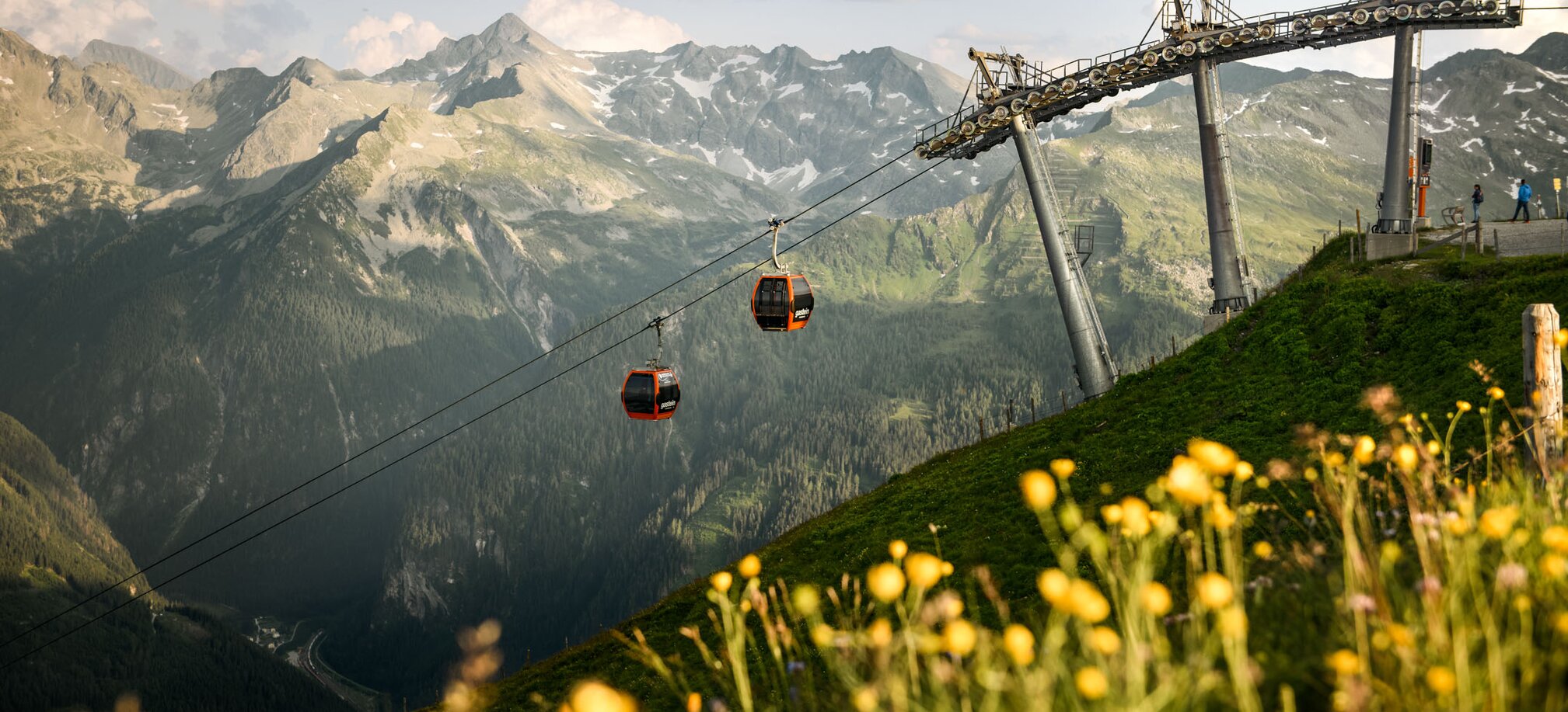 Zwei rote Gondeln der Gasteiner Bergbahnen über blühender Wiese und grünem Tal in Gastein | © Gasteiner Bergbahnen AG, Marktl Photography