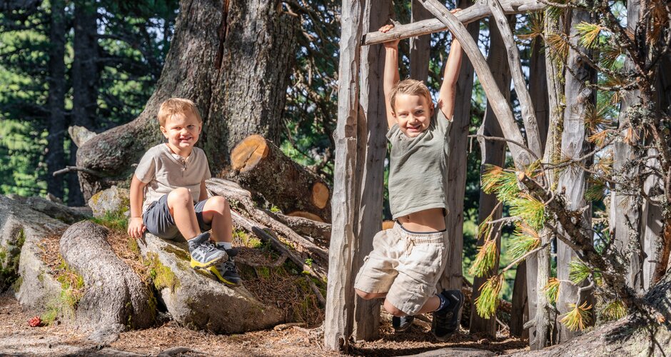 Zwei Kinder spielen im Zirbenwald am Graukogel, eines hängt an Ästen, das andere sitzt lachend auf einer Wurzel | © Skigastein, seven frames