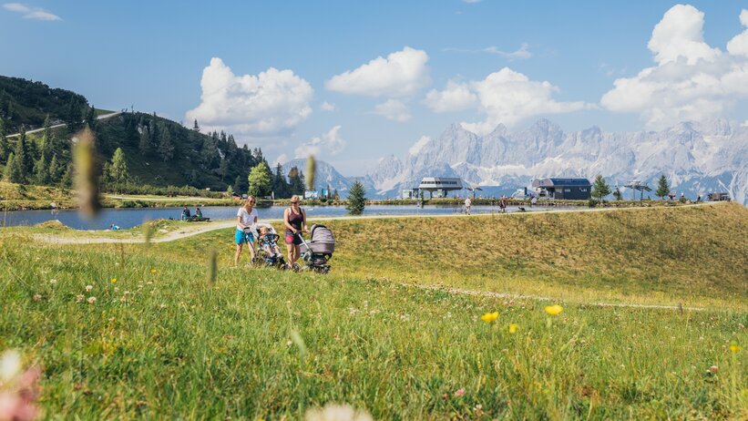 Familien mit Kinderwagen spazieren an einem Bergsee auf der Reiteralm entlang, umgeben von Blumenwiese, Hütten und Bergen. | © Gerald Grünwald