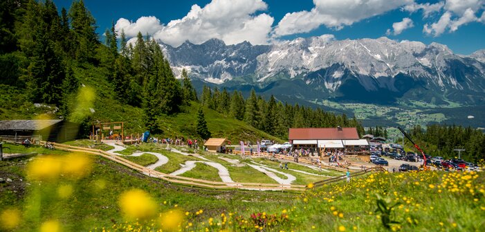 Family-friendly junior bike trails on Reiteralm with blooming meadow, alpine hut, kids riding bikes and Dachstein range behind. | © Reiteralm Bergbahnen