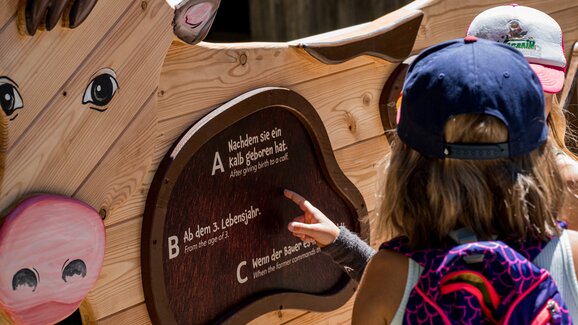 Zwei Kinder mit Kappen und Rucksack tippen auf Lernspiel in Kuhform mit Quizfrage zur Milch, Detailansicht der Station | © Snow Space Salzburg
