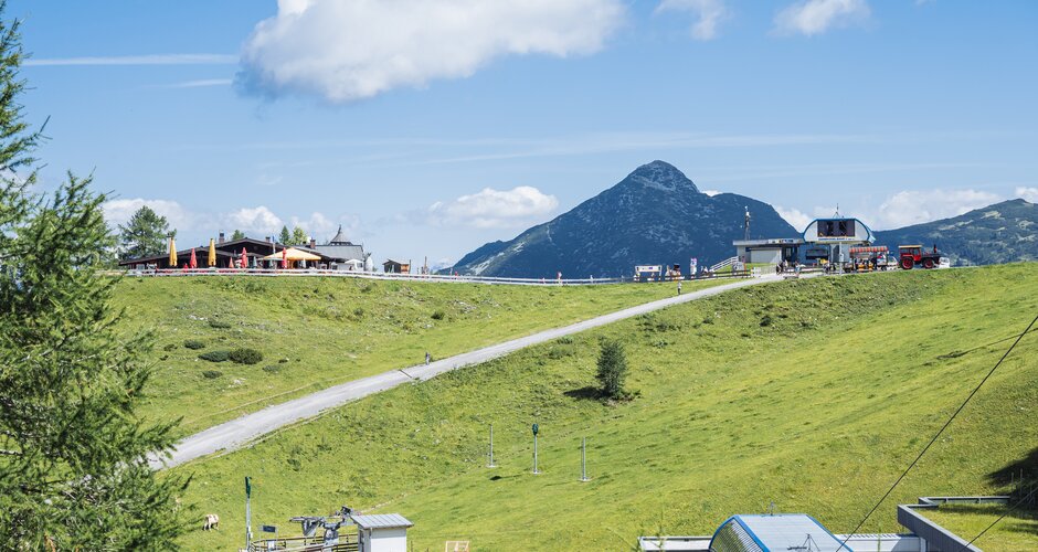 Blick auf Gamskogelbahn-Bergstation, Panoramaweg, Almhütte und Berglandschaft in Zauchensee bei klarem Sommerwetter. | © Matthias Fritzenwallner