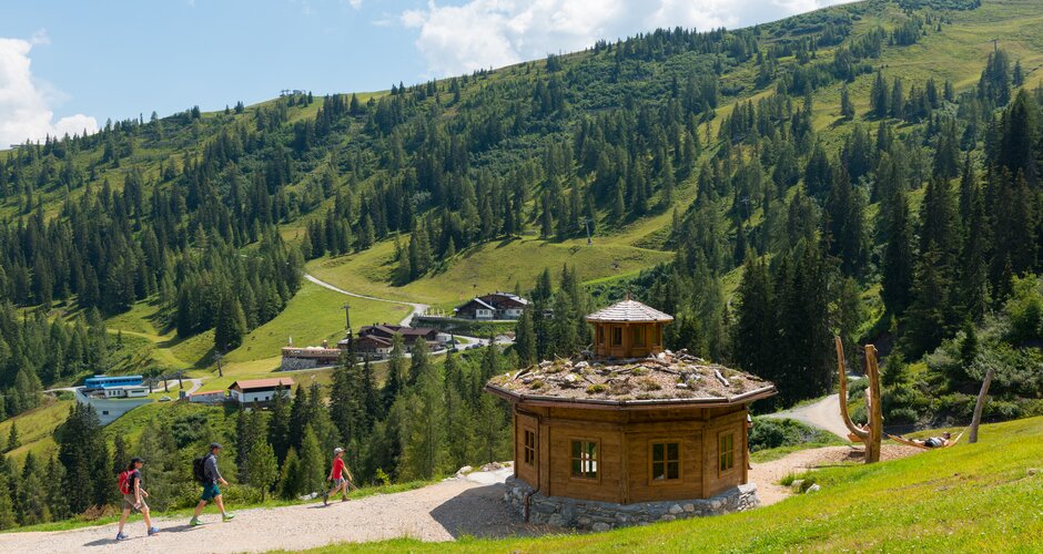 Three hikers on a trail next to a small wooden hut on the sensory path near Gehwolfalm, surrounded by lush alpine landscape. | © Gruber Michael
