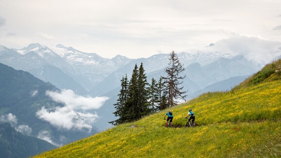 Two mountain bikers on a narrow trail through alpine meadows, with snowy mountain peaks and mist in the background. | © Erwin Haiden