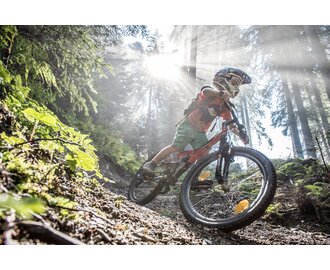 Kind fährt mit Mountainbike und Helm durch den Wald am Flowtrail Dienten, Sonnenstrahlen leuchten durch die Bäume | © Creatina