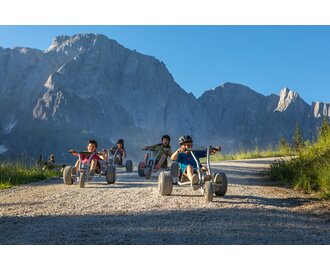 Kinder fahren mit Mountaincarts bergab vor steiler Hochkönig-Kulisse, alle tragen Helme, sonniges Wetter | © Roland Haschka