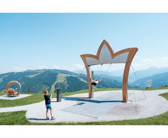 Kind schaukelt unter großer Krone mit Alpenblick, daneben fotografiert eine Frau, Sitzschaukel im Hintergrund auf Wiese | © Miriam Lottes