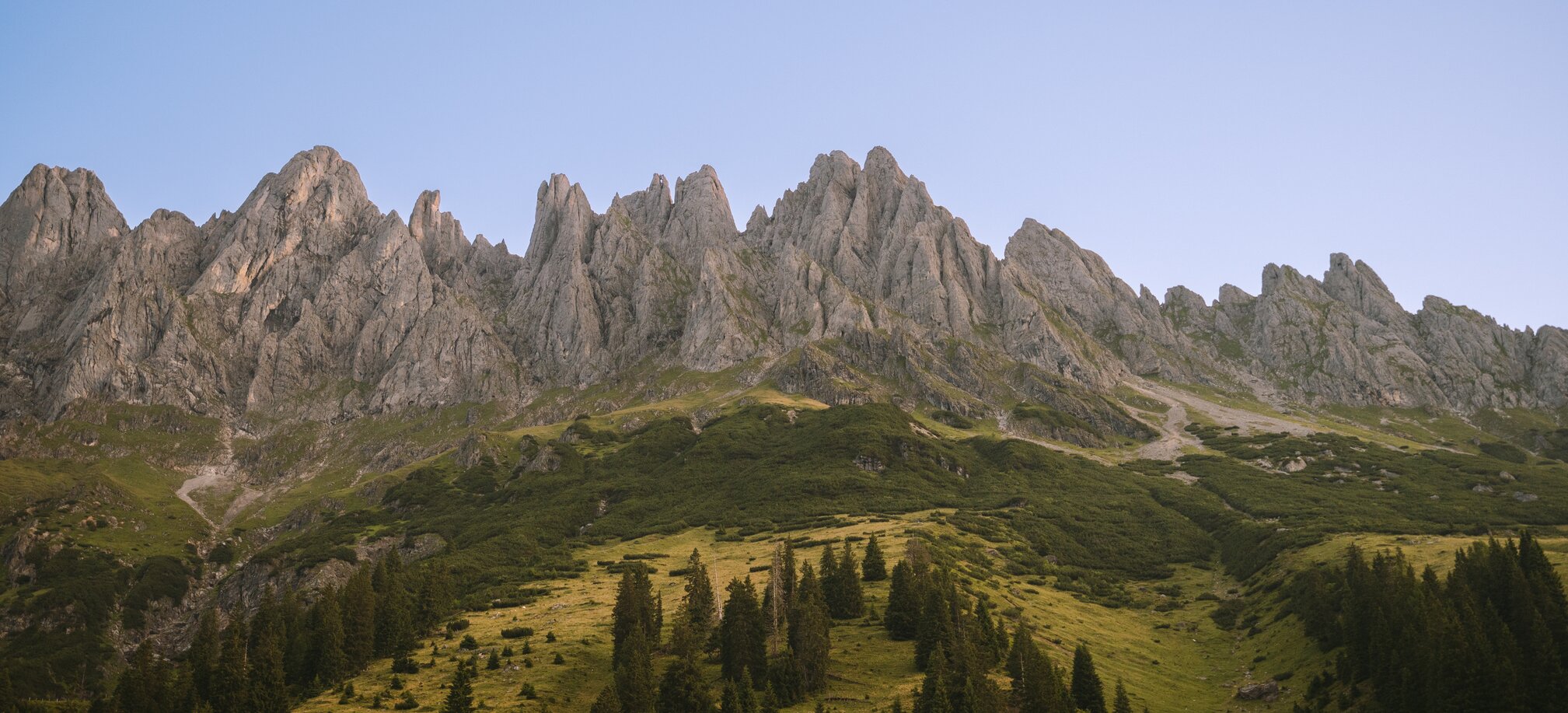 Gezacktes Felsmassiv über grünen Almwiesen und dunklen Nadelbäumen unter klarem Himmel in der Region Hochkönig. | © Hochkönig Tourismus GmbH