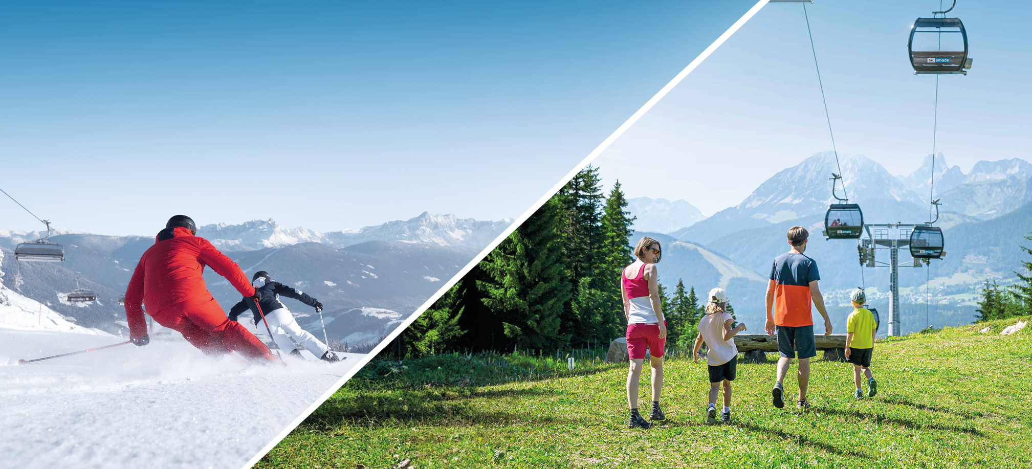 Geteiltes Bild: Skifahrer im Winter links, Wanderfamilie im Sommer rechts, mit Bergpanorama und Gondel im Hintergrund.
