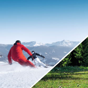 Split image: skiers on snowy slopes left, hiking family in summer right, with mountain panorama and gondola in background.