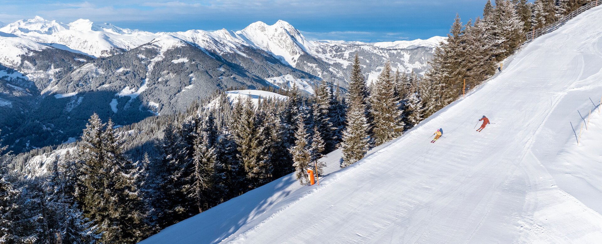 Zwei Skifahrer fahren auf präparierter Panorama-Piste in Dorfgastein, umgeben von verschneiten Bäumen und Alpenblick | © Dorfgasteiner Bergbahnen