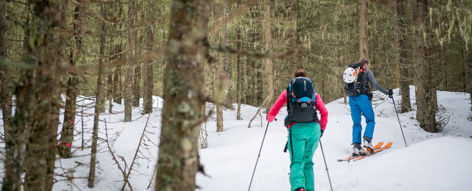 Two ski tourers ascend through mossy, snowy forest with scattered trees and white ground | © Gasteinertal Tourismus GmbH, Christoph Oberschneider