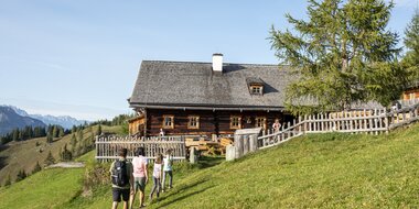 Four hikers walk uphill to a rustic alpine hut in Großarltal, surrounded by green meadows and scenic views of mountain peaks | © Lorenz Masser