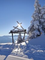 Wooden Naturplatzl gate in Grossarltal ski area beside snow covered trees with groomed slope and mountain view | © Tourismusverband Grossarltal
