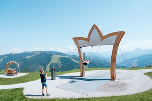 Kind schaukelt unter großer Krone mit Alpenblick, daneben fotografiert eine Frau, Sitzschaukel im Hintergrund auf Wiese | © Miriam Lottes