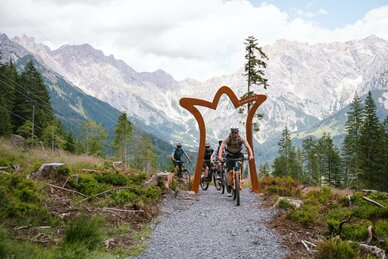 Four mountain bikers ride on a gravel path through an arch with rocky mountains and pine trees in the Hochkönig region. | © Hochkönig Tourismus GmbH